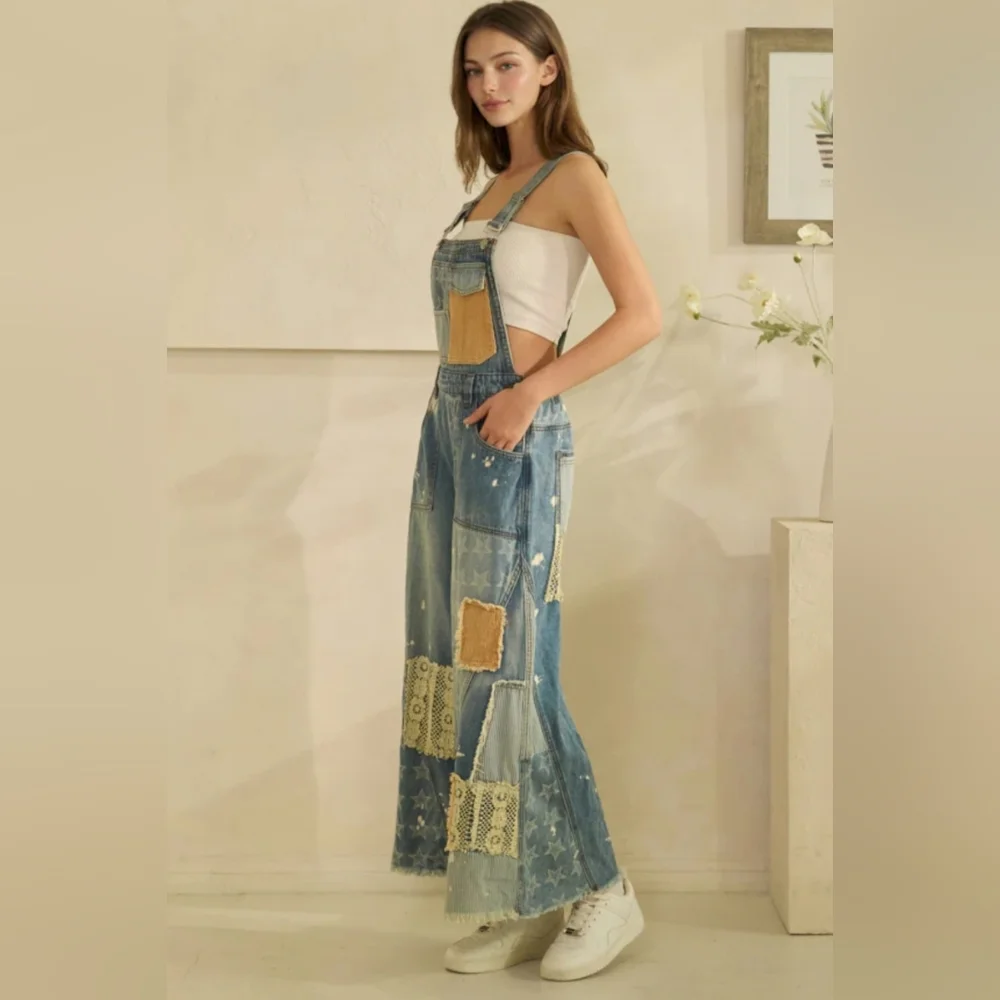#1374 Oli & Hali Boho Starlight Patchwork Wide-Leg Denim Overalls - Picture 6 of 8